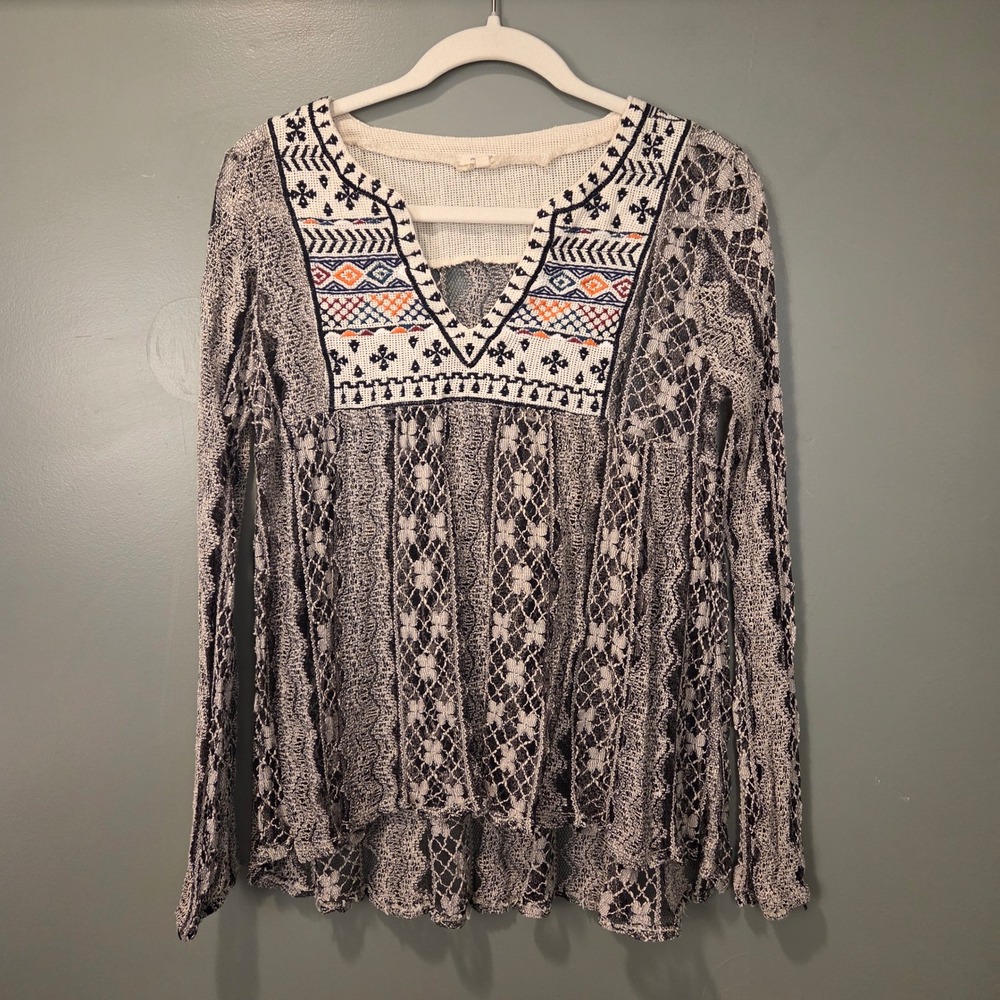 Mystree Women's Crochet Lace Long Sleeve Peasant Tunic‎ Size M Semi Sheer